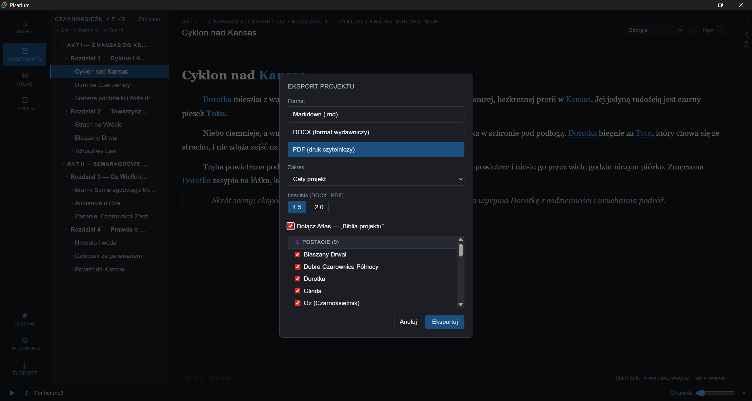 Dialog eksportu Pisarium — DOCX, PDF, Markdown, PNG, Project Bible